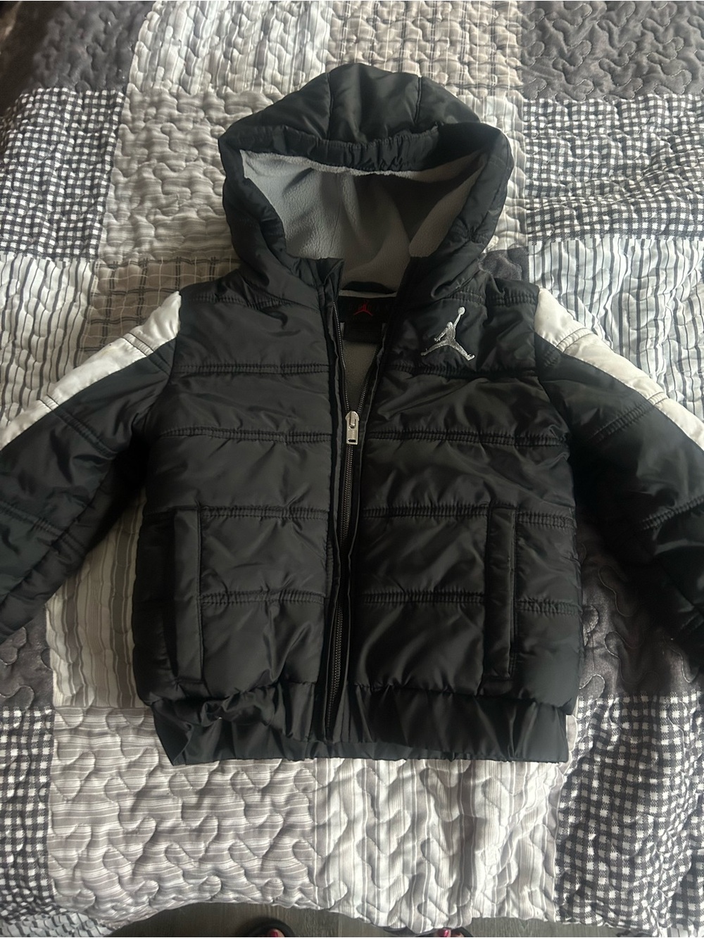 Jordan Black Hooded Puffer Jacket with White Shoulder Stripes